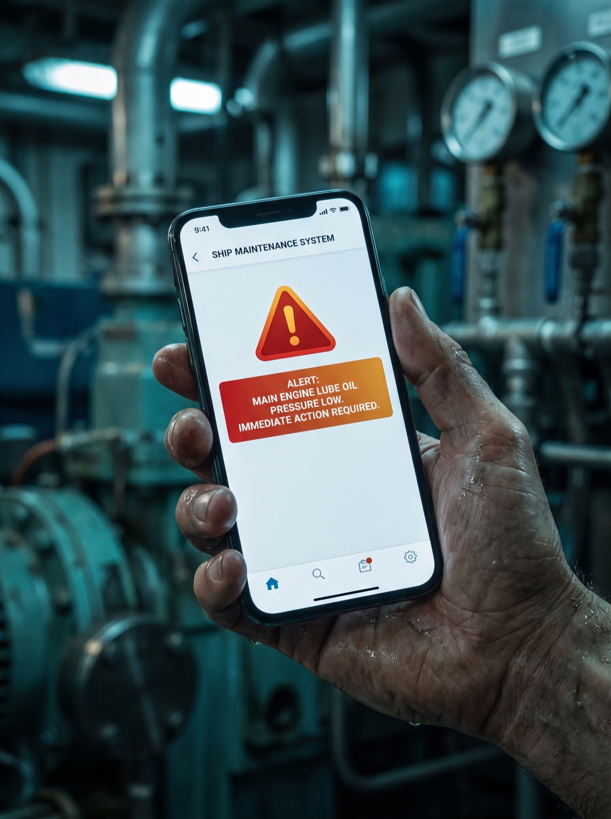 A ship crew member holding a phone showing a real-time Philyron maintenance alert in the engine room
