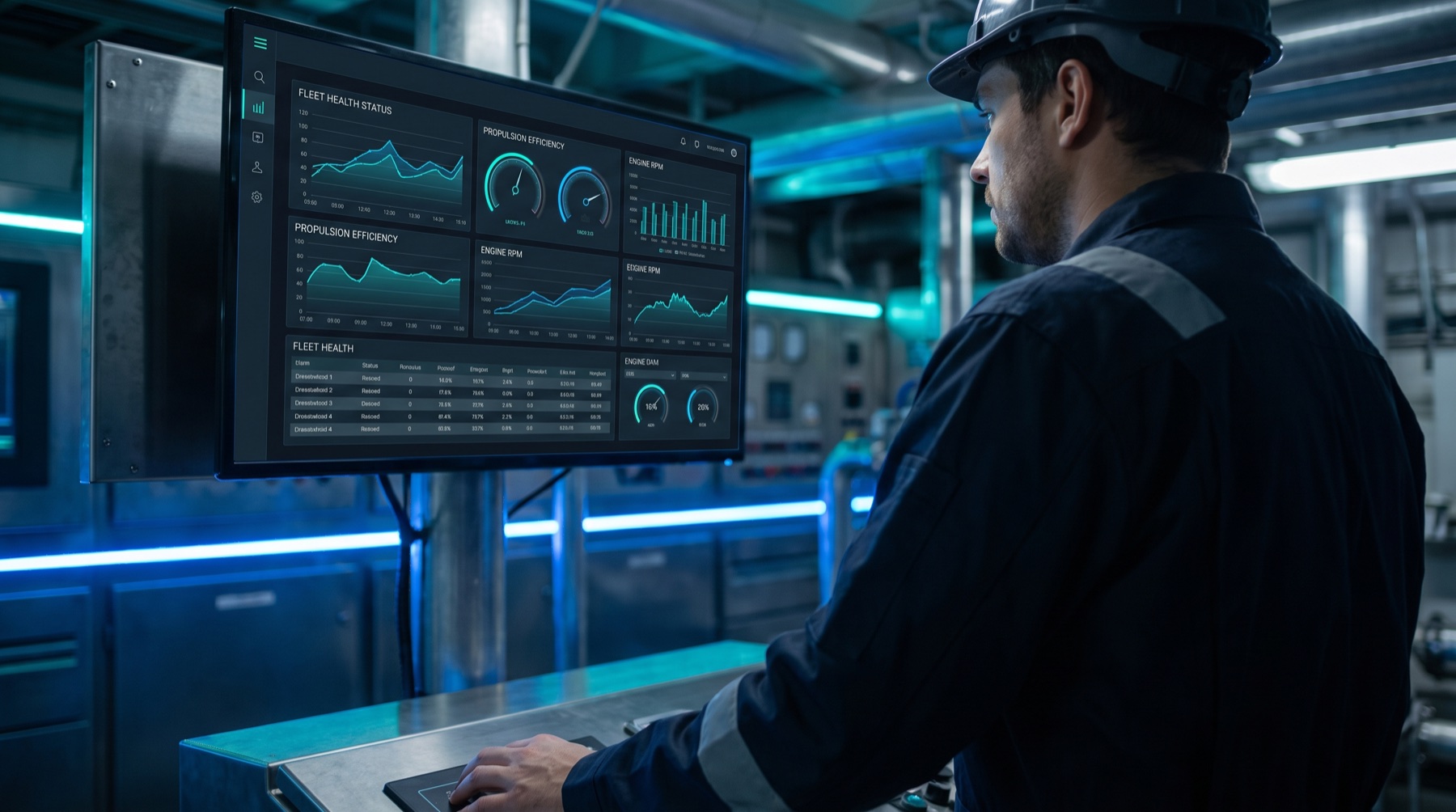 A maritime engineer monitoring a live fleet-health dashboard on a control-room screen